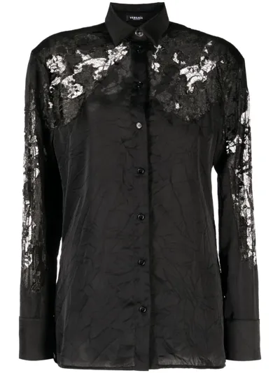 Versace Rumpled Satin & Lace Button-up Shirt In Black