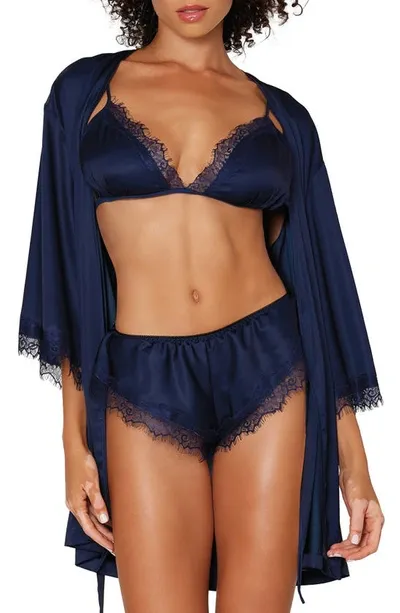 Dreamgirl Lace Trim Satin Bra, Panties & Robe Set In Nocternal