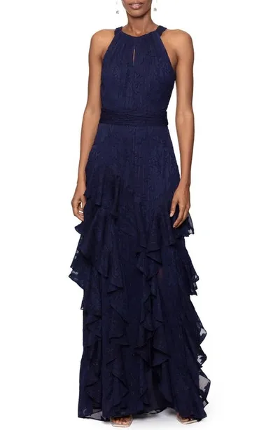 Xscape Ruffle Metallic Gown In Navy