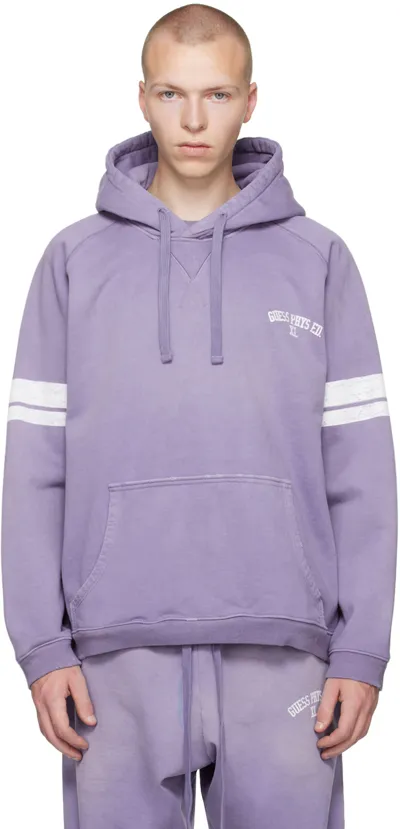 Guess Usa Slogan-print Striped Hoodie In Purple