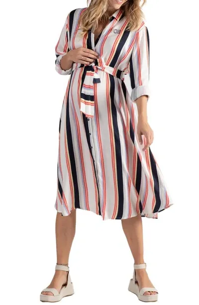 Cache Coeur Normandie Stripe Maternity/nursing Shirtdress In Red Marine