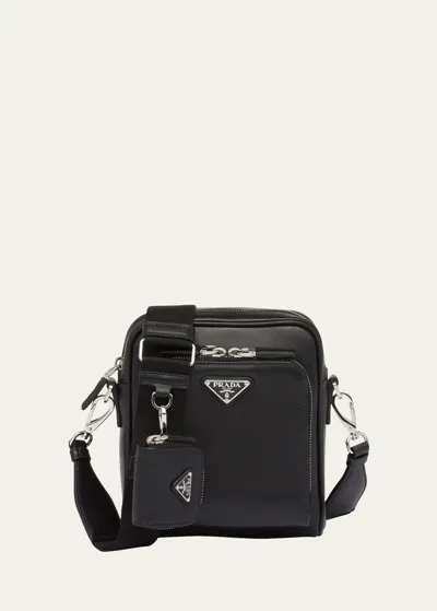 Prada Men's Triangle Logo Leather Crossbody Bag In Black