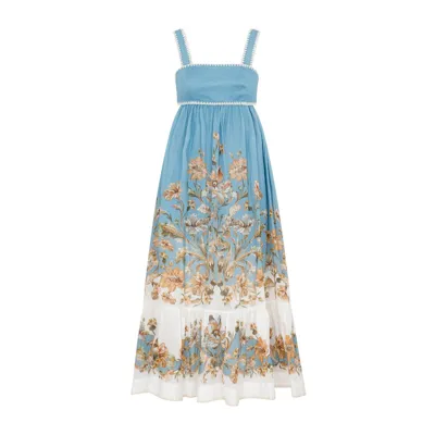 Zimmermann Chintz Tiered Ramie Maxi Dress In Blue Daisy Floral