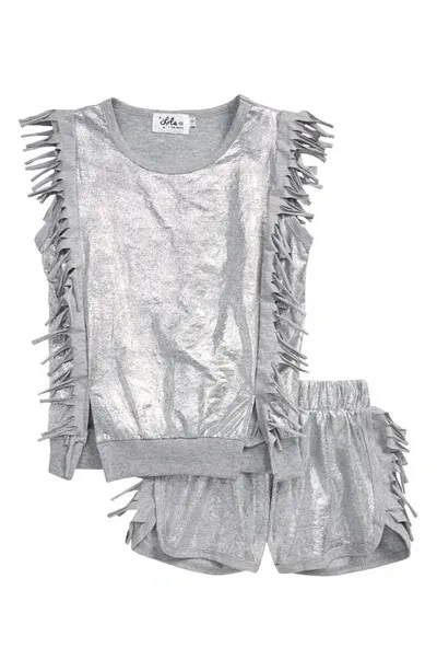 Lola & The Boys Kids' Lola + The Boys Metallic Fringe Top & Shorts Set In Silver