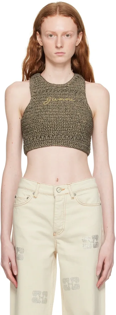 Ganni Sleeveless Crochet Racerback Top In Brown