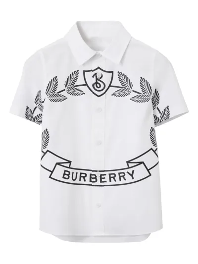 Burberry Kids' Boy's Owen Oak Leaf Crest Logo-print Shirt In White