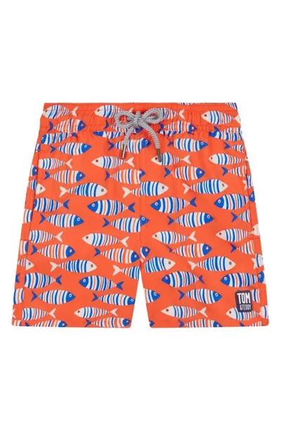 Tom & Teddy Boys' Fish Print Swim Trunks - Little Kid, Big Kid In Striped Orange