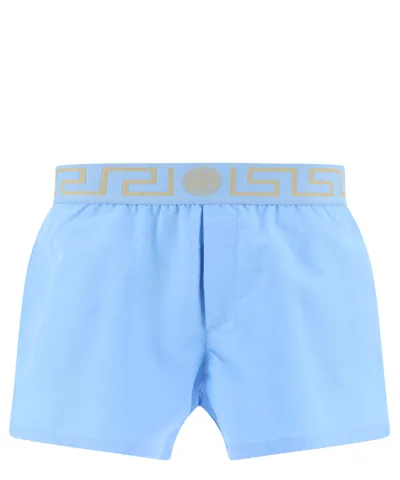 Versace Greca Waistband Swim Shorts In Sky Blue