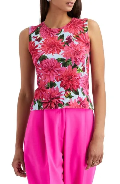 Oscar De La Renta Dalhia Print Sleeveless Cotton Blend Sweater In Fuchsia Blue