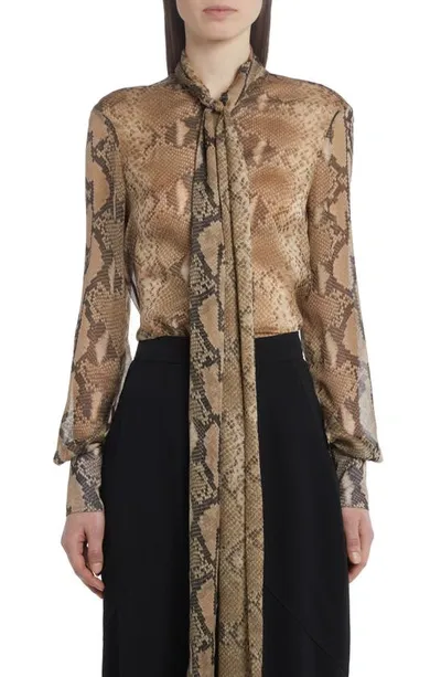 Stella Mccartney Python Print Silk Chiffon Pussybow Shirt In Brown Multi