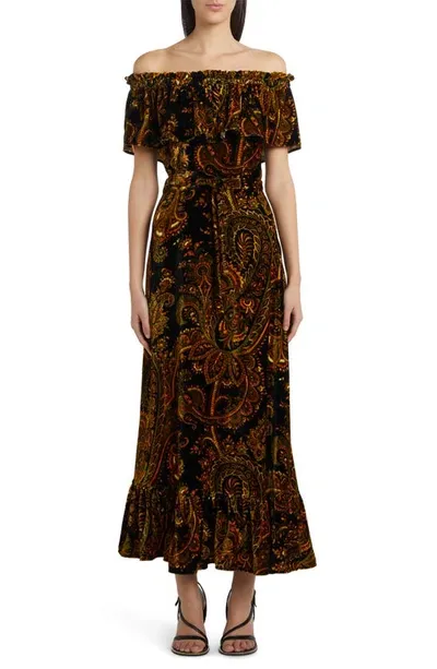 Etro Off-the-shoulder Velvet Dahlia Paisley Gown In Black