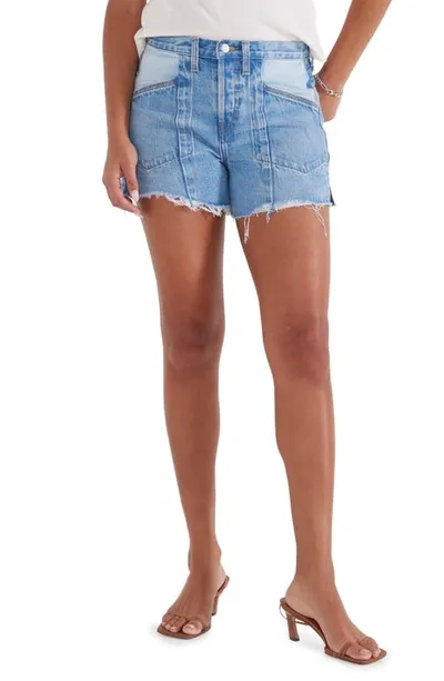 Etica Savana Paneled High Waist Raw Hem Denim Shorts In Galera Two Tone