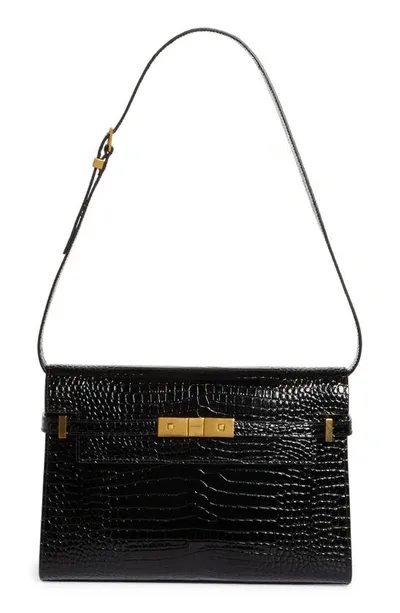 Saint Laurent Medium Manhattan Croc Embossed Patent Leather Shoulder Bag In Black