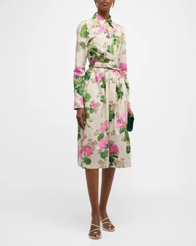 Oscar De La Renta Geranium Wallpaper Cotton Poplin Dress In Pink Multi