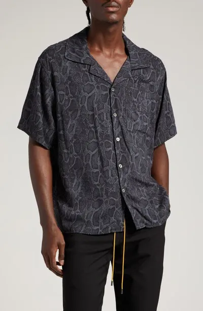 Rhude Snakeskin Print Short Sleeve Camp Shirt In Black