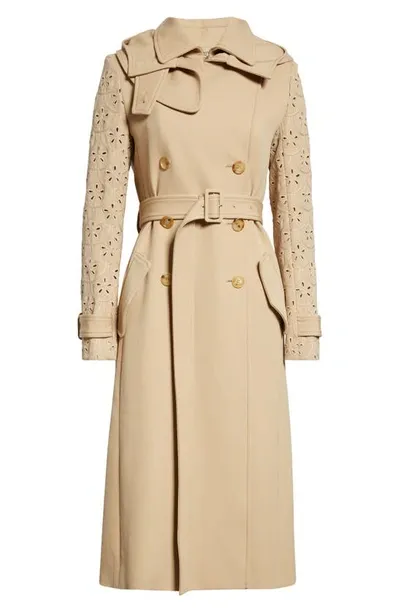 Chloé Broderie Anglaise Virgin Wool Trench Coat In Pearl Beige