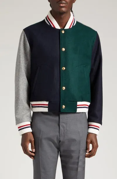 Thom Browne Fun-mix Wool Flannel Varsity Jacket In Green