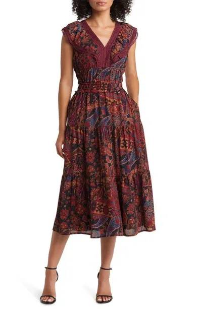 Tahari Asl Print Lace Trim Tiered Midi Dress In Burgundy Midi