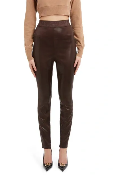 Dolce & Gabbana Logo Waist Laminated Jersey Skinny Pants In Dark Brown