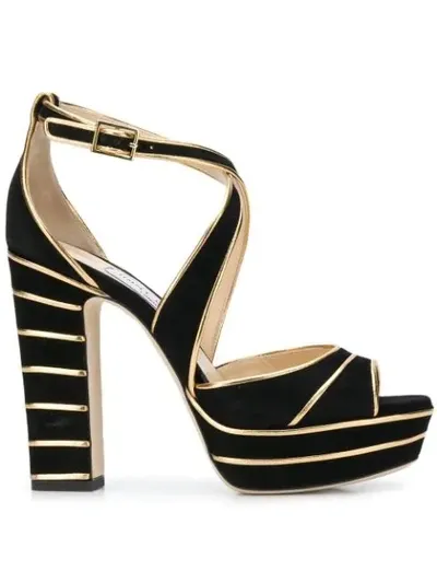 Jimmy Choo April 120 Black Suede Platform Sandals With Gold Metallic Nappa Leather Piping In Black/gold