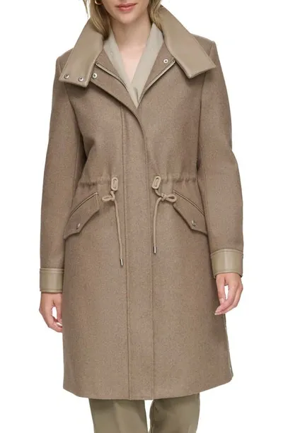 Andrew Marc Feather Leather Trim Wool Blend Coat In Mushroom