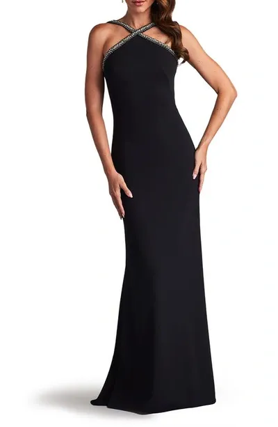 Sho By Tadashi Shoji Crystal Embellished Halter Gown In Black