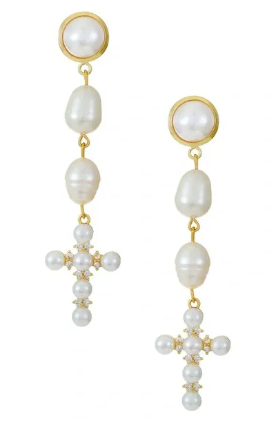 Ettika Pearl Cross Drop Earrings In Gold