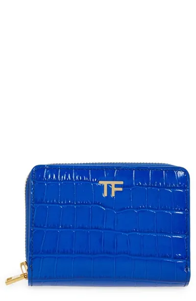 Tom Ford T-line Croc Embossed Patent Leather Zip Wallet In Blue