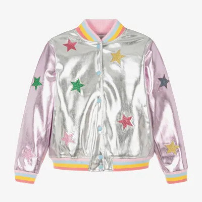 Stella Mccartney Kids' Metallic Glitter Bomber Jacket In Silver