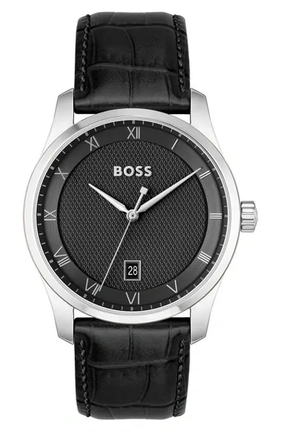 Hugo Boss Men Principle Quartz Basic Calendar Black Leather Watch 41mm In Assorted-pre-pack