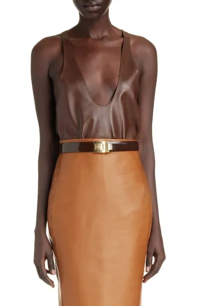 Saint Laurent Plunge Halter Neck Leather Tank Top In Brown