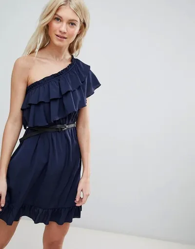 Vero Moda One Shoulder Ruffle Dress-navy