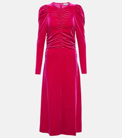 Ganni Gathered Velvet Maxi Dress In Pink