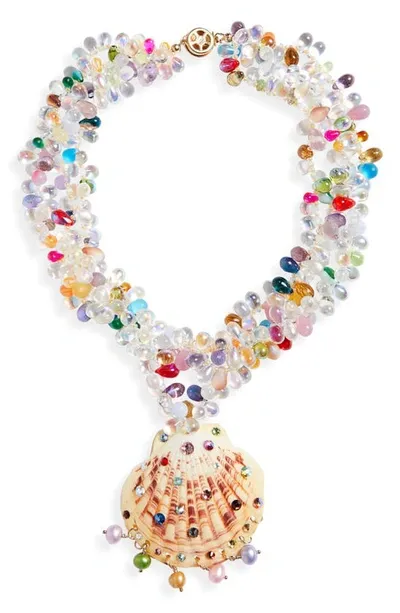 Isshi Salacia Shell Pendant Beaded Necklace In Beige Multi