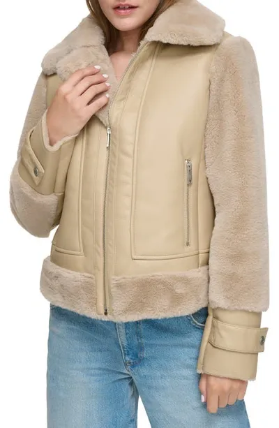 Andrew Marc Faux Fur Trim Faux Leather Aviator Jacket In Oatmeal