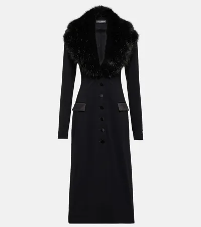 Dolce & Gabbana Long Silk Georgette Coat With Faux Fur Collar In Black