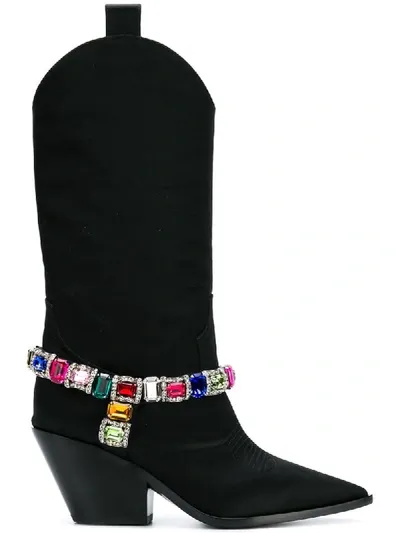 Casadei 60mm Rodeo Crystals Satin Cowboy Boots In Black