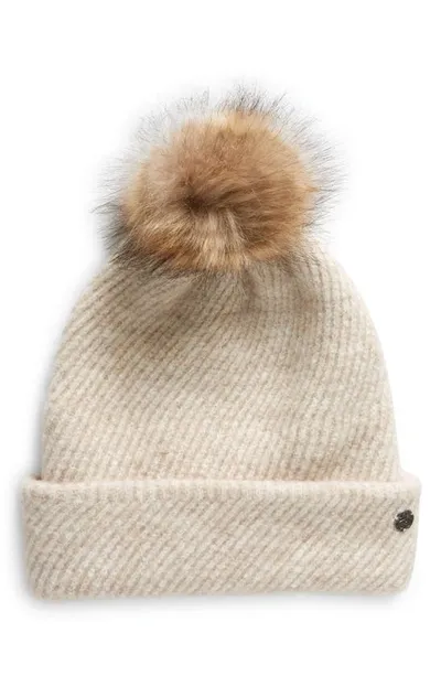 Zella Cozy Heather Beanie With Faux Fur Pompom In Ivory Egret