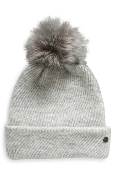 Zella Cozy Heather Beanie With Faux Fur Pompom In Grey Light Heather