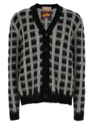 Marni Brushed Check Fuzzy Wuzzy Sweater, Cardigans In White/black