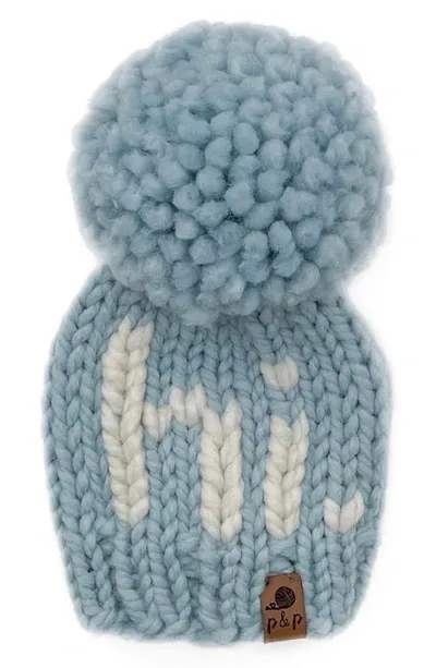 Pine + Poppy Kids' Hi Intarsia Pompom Hat In Light Blue