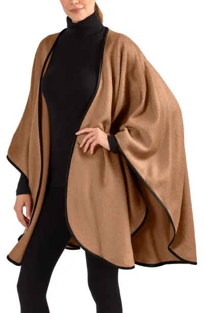 Sofia Cashmere Leather Trim Alpaca Blend Wrap In Camel Brown Leather