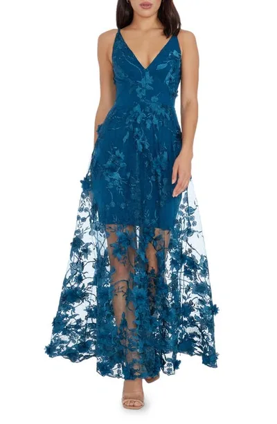 Dress The Population Sidney Deep V-neck 3d Lace Gown In Peacock Blue