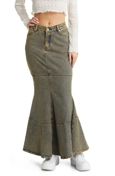 House Of Sunny Courtyard Trumpet Denim Maxi Skirt In Brown Fabric