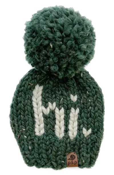 Pine + Poppy Kids' Hi Holiday Intarsia Pompom Hat In Hunter Green