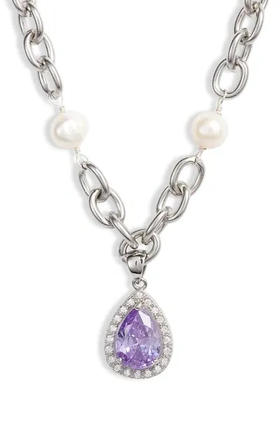 Vidakush Heiress Imitation Pearl Pavé Pendant Necklace In Silver