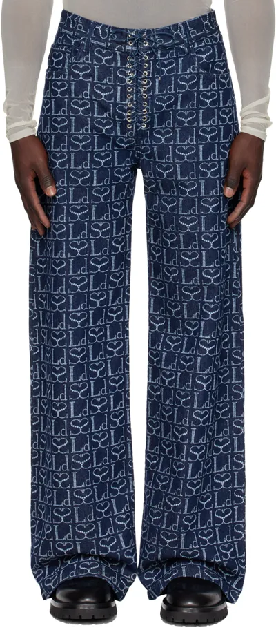 Ludovic De Saint Sernin Monogram-print Lace-up Jeans In Blue