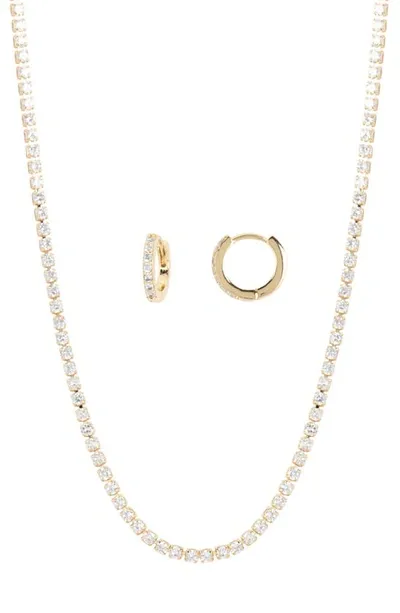 Nordstrom Rack Pavé Cubic Zirconia Huggie Earrings & Tennis Necklace Set In Clear- Gold