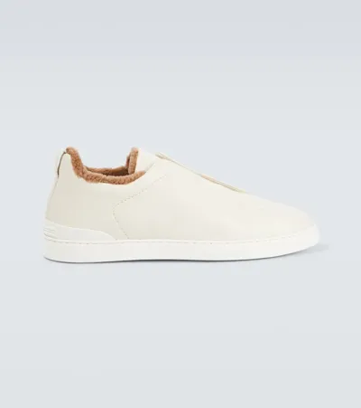 Zegna Triple Stitch Leather Sneakers In White