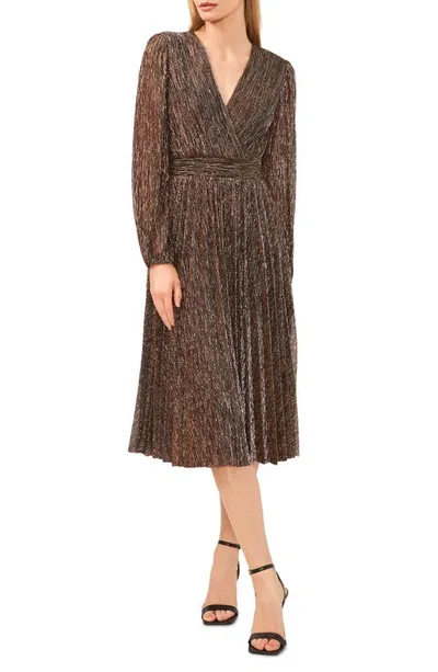 Halogen (r) Long Sleeve Metallic Plissé Midi Dress In Bronze